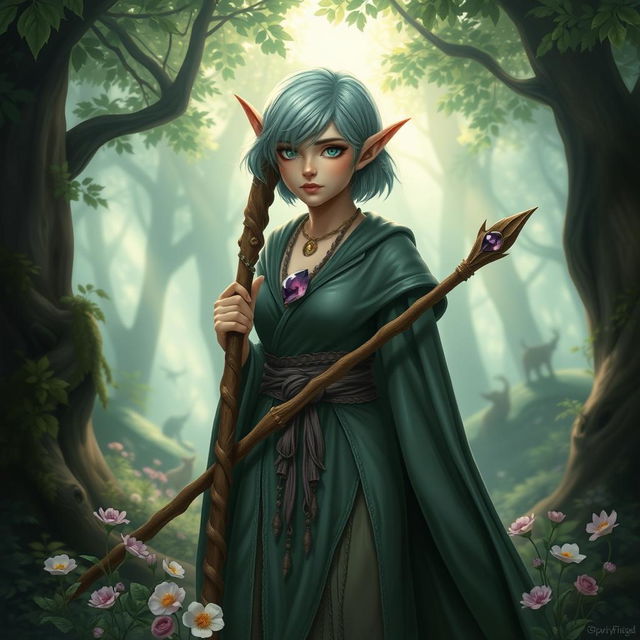 A forest elf druid with short mint green hair, wearing a fitted wizard robe that intricately blends with nature