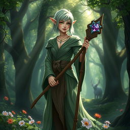 A forest elf druid with short mint green hair, wearing a fitted wizard robe that intricately blends with nature