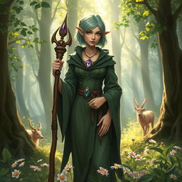 A forest elf druid with short mint green hair, wearing a fitted wizard robe that intricately blends with nature