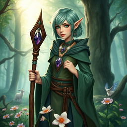 A forest elf druid with short mint green hair, wearing a fitted wizard robe that intricately blends with nature