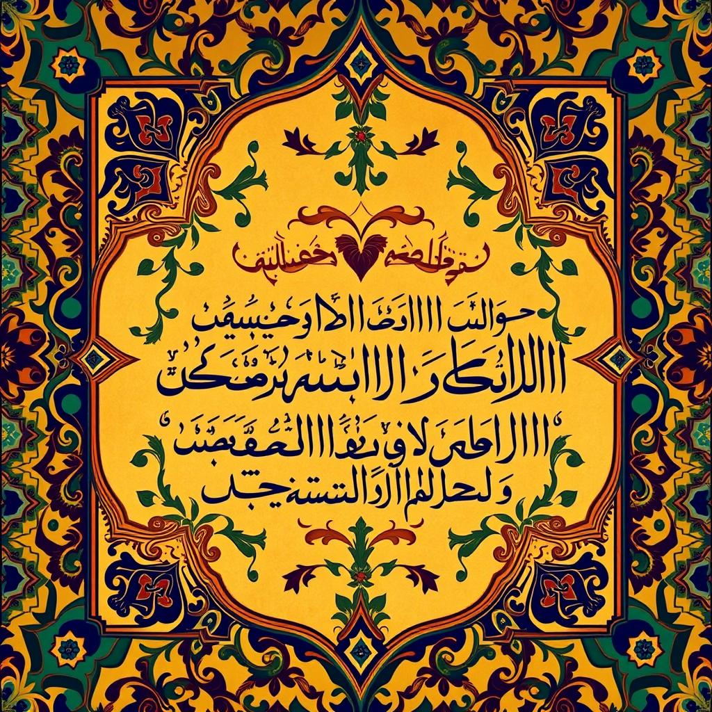 A beautifully intricate Islamic pattern, featuring geometric designs and arabesques, complemented by rich colors such as deep blues, rich golds, and vibrant greens