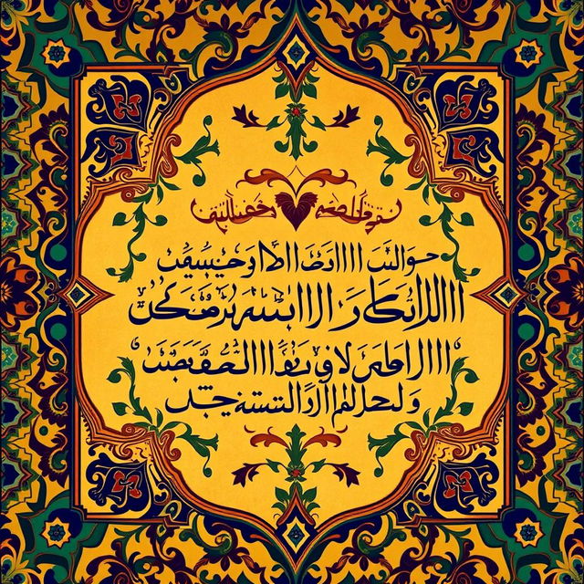 A beautifully intricate Islamic pattern, featuring geometric designs and arabesques, complemented by rich colors such as deep blues, rich golds, and vibrant greens