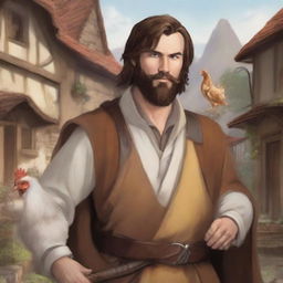 An ultra-realistic comic illustration of a Dungeons & Dragons bard character in a village