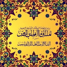 A beautifully intricate Islamic pattern, featuring geometric designs and arabesques, complemented by rich colors such as deep blues, rich golds, and vibrant greens