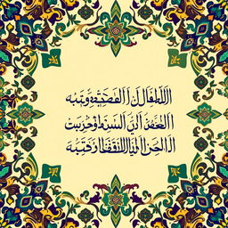 A beautifully intricate Islamic pattern, featuring geometric designs and arabesques, complemented by rich colors such as deep blues, rich golds, and vibrant greens