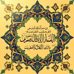 A beautifully intricate Islamic pattern, featuring geometric designs and arabesques, complemented by rich colors such as deep blues, rich golds, and vibrant greens