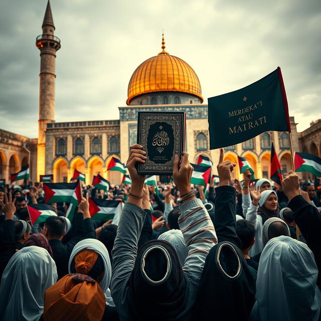 A powerful and evocative scene depicting a gathering of the Palestinian people at Al-Aqsa Mosque, holding the Quran in a show of unity and determination