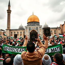 A powerful and evocative scene depicting a gathering of the Palestinian people at Al-Aqsa Mosque, holding the Quran in a show of unity and determination