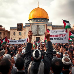 A powerful and evocative scene depicting a gathering of the Palestinian people at Al-Aqsa Mosque, holding the Quran in a show of unity and determination