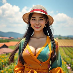 A beautiful Chinese woman with large breasts, depicted as a charming and alluring farmer