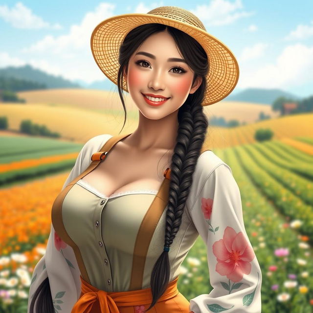 A beautiful Chinese woman with large breasts, depicted as a charming and alluring farmer