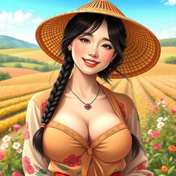 A beautiful Chinese woman with large breasts, depicted as a charming and alluring farmer