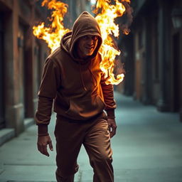 A scene depicting a drunk man struggling to walk, wearing a brown hoodie and matching brown pants