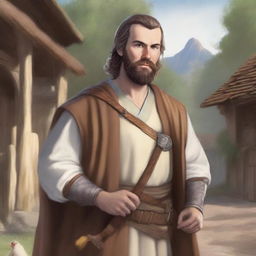 An ultra-realistic comic illustration of a Dungeons & Dragons bard character in a village