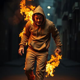 A scene depicting a drunk man struggling to walk, wearing a brown hoodie and matching brown pants