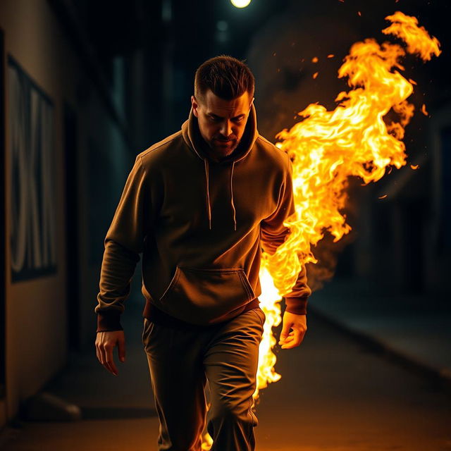 A scene depicting a drunk man struggling to walk, wearing a brown hoodie and matching brown pants