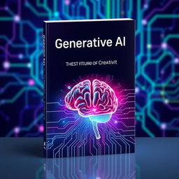 A futuristic book cover design that represents the concept of Generative AI, featuring a digital neural network pattern in the background with vibrant colors like electric blue, neon green, and bright purple