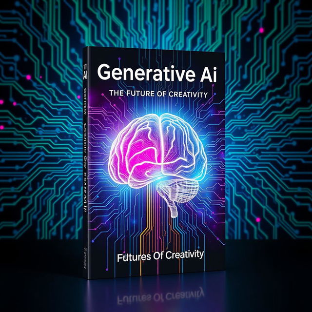 A futuristic book cover design that represents the concept of Generative AI, featuring a digital neural network pattern in the background with vibrant colors like electric blue, neon green, and bright purple