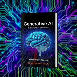 A futuristic book cover design that represents the concept of Generative AI, featuring a digital neural network pattern in the background with vibrant colors like electric blue, neon green, and bright purple