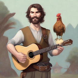 This is an ultra-realistic comic illustration of a Dungeons & Dragons bard character, a minstrel in a village