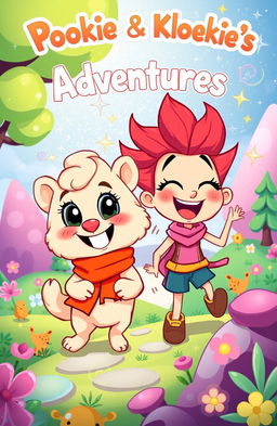 A vibrant illustration of two cartoon characters named Pookie and Kloekie, set in a whimsical world filled with colorful landscapes and playful scenery