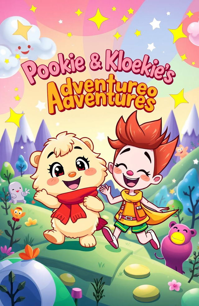 A vibrant illustration of two cartoon characters named Pookie and Kloekie, set in a whimsical world filled with colorful landscapes and playful scenery