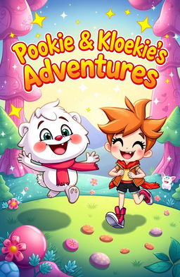 A vibrant illustration of two cartoon characters named Pookie and Kloekie, set in a whimsical world filled with colorful landscapes and playful scenery