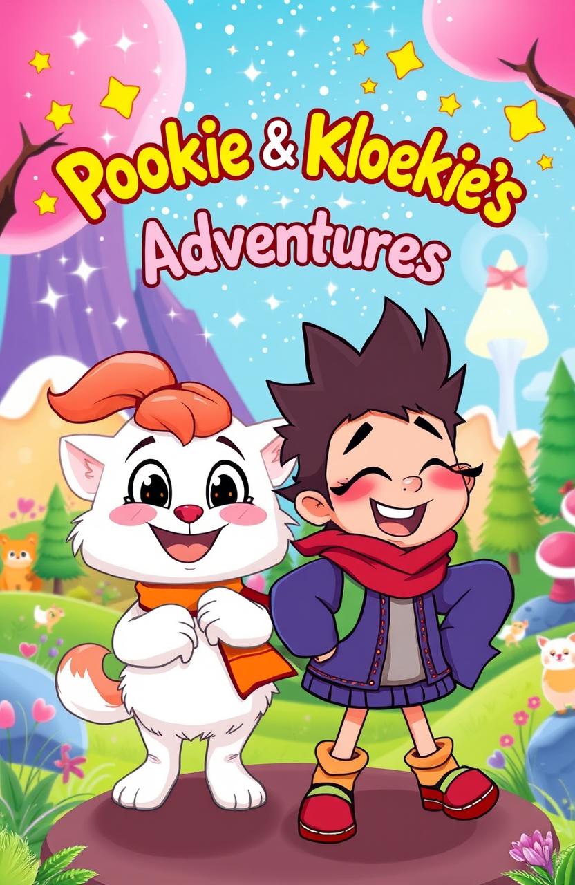 A vibrant illustration of two cartoon characters named Pookie and Kloekie, set in a whimsical world filled with colorful landscapes and playful scenery