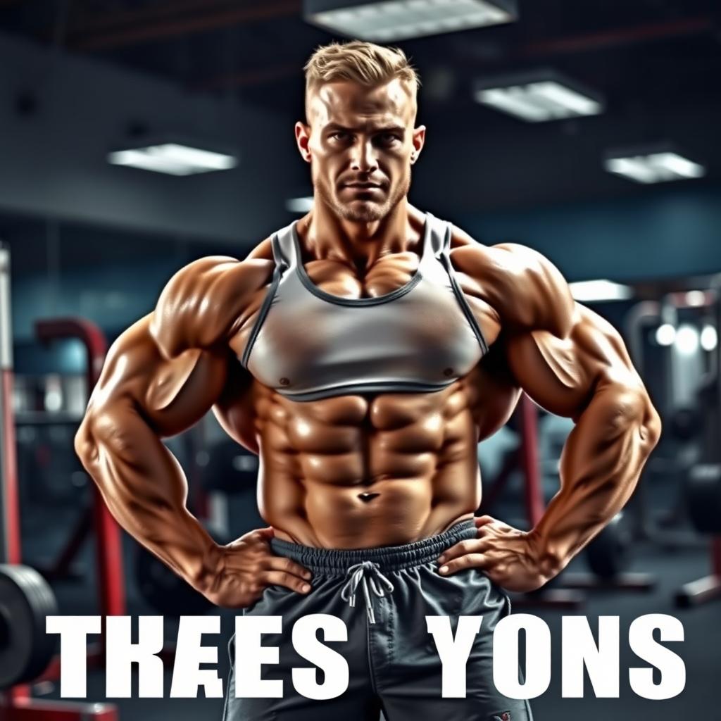 A muscular bodybuilder posing in a gym environment, showcasing impressive biceps and a chiseled physique, wearing a fitted tank top and gym shorts