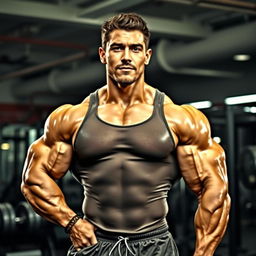 A muscular bodybuilder posing in a gym environment, showcasing impressive biceps and a chiseled physique, wearing a fitted tank top and gym shorts