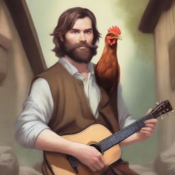 This is an ultra-realistic comic illustration of a Dungeons & Dragons bard character, a minstrel in a village