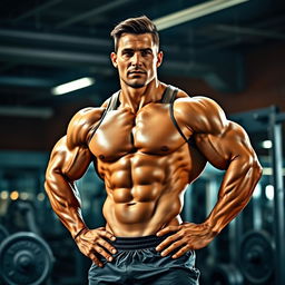 A muscular bodybuilder posing in a gym environment, showcasing impressive biceps and a chiseled physique, wearing a fitted tank top and gym shorts