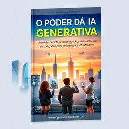 A captivating book cover design for 'O Poder da IA Generativa: Uma viagem por esta fantástica tecnologia e como ela pode contribuir para uma Administração Pública Mais Moderna', featuring a futuristic cityscape that blends advanced technology with natural elements