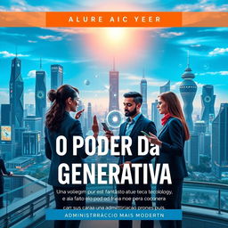 A captivating book cover design for 'O Poder da IA Generativa: Uma viagem por esta fantástica tecnologia e como ela pode contribuir para uma Administração Pública Mais Moderna', featuring a futuristic cityscape that blends advanced technology with natural elements