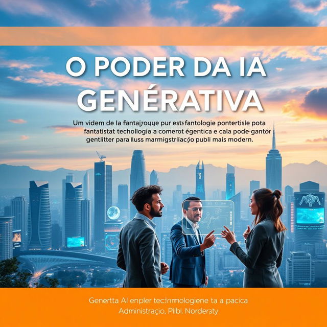 A captivating book cover design for 'O Poder da IA Generativa: Uma viagem por esta fantástica tecnologia e como ela pode contribuir para uma Administração Pública Mais Moderna', featuring a futuristic cityscape that blends advanced technology with natural elements