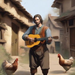 A high-quality, detailed illustration depicts a vagrant bard in a medieval village