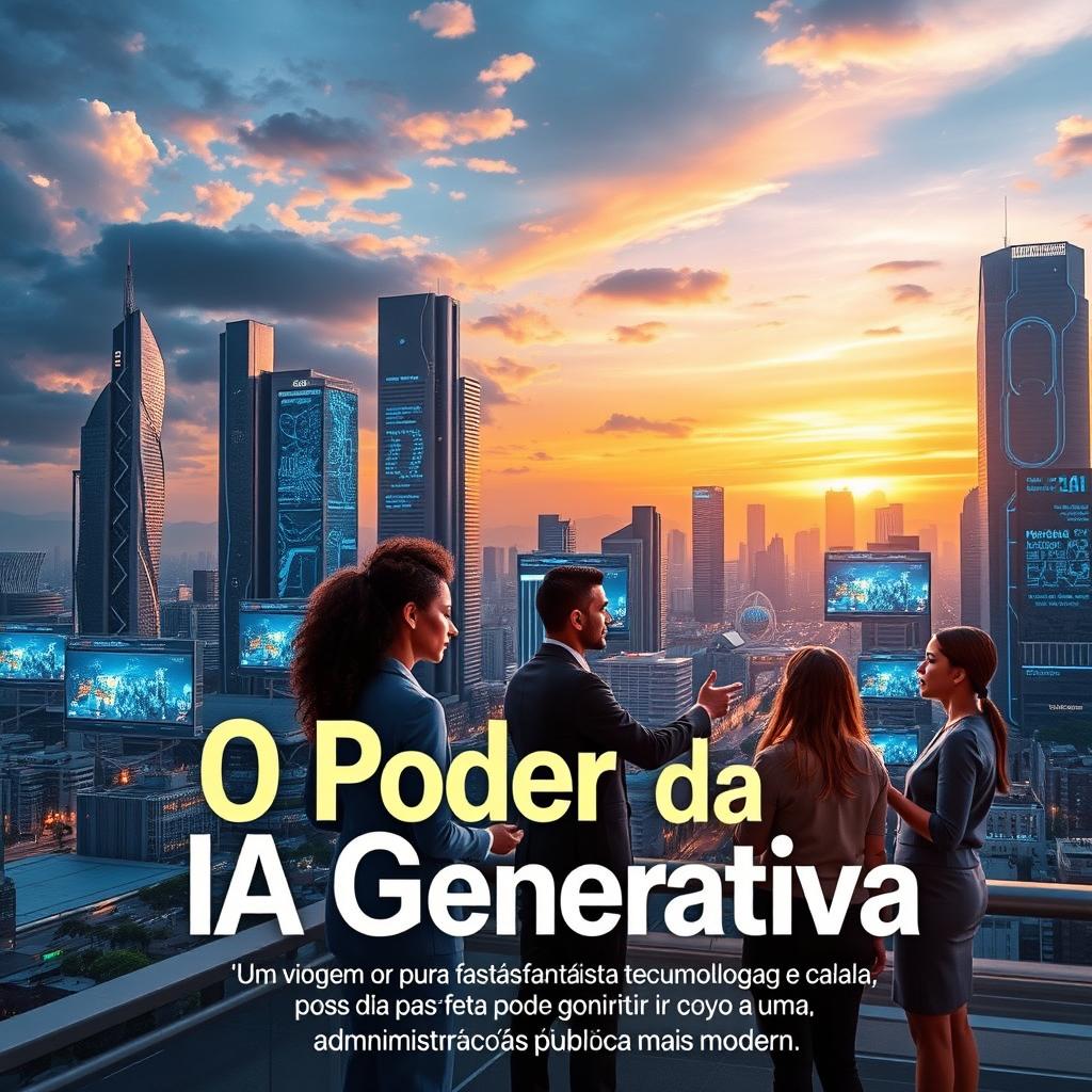 A captivating book cover design for 'O Poder da IA Generativa: Uma viagem por esta fantástica tecnologia e como ela pode contribuir para uma Administração Pública Mais Moderna', featuring a futuristic cityscape that blends advanced technology with natural elements