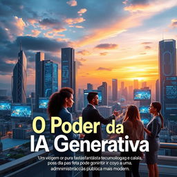 A captivating book cover design for 'O Poder da IA Generativa: Uma viagem por esta fantástica tecnologia e como ela pode contribuir para uma Administração Pública Mais Moderna', featuring a futuristic cityscape that blends advanced technology with natural elements