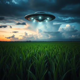 A stunning raw photograph capturing a UFO hovering above a vast cornfield during twilight