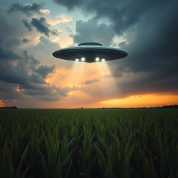 A stunning raw photograph capturing a UFO hovering above a vast cornfield during twilight