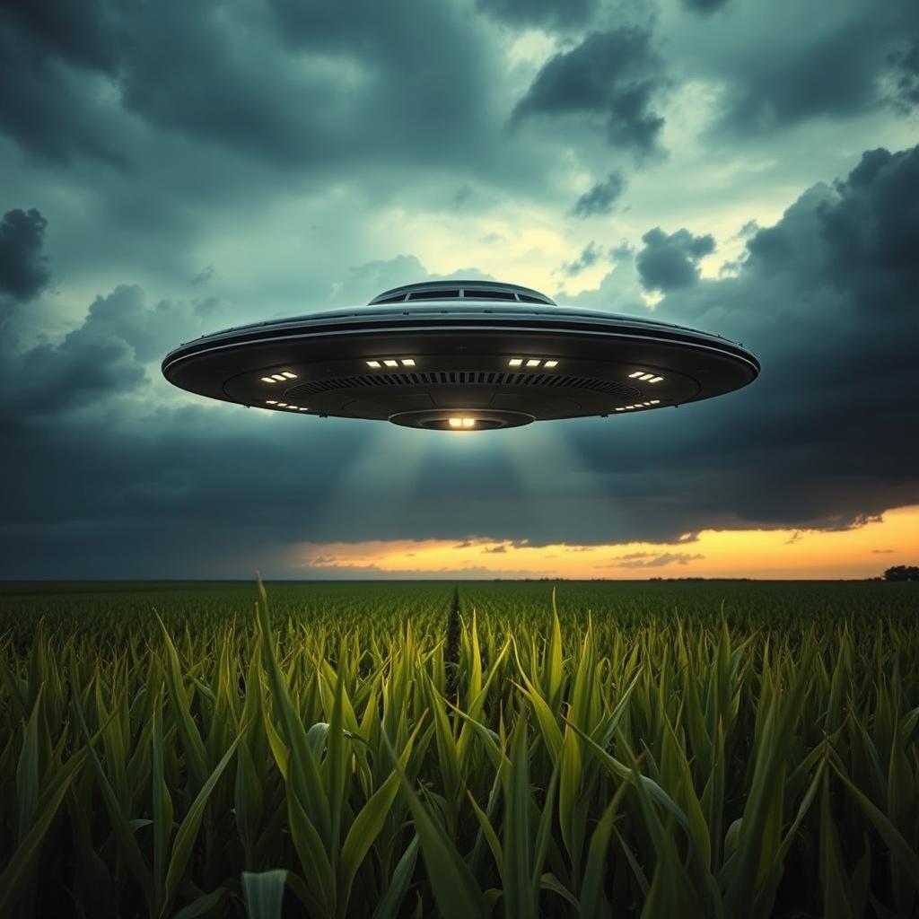 A stunning raw photograph capturing a UFO hovering above a vast cornfield during twilight