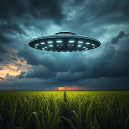 A stunning raw photograph capturing a UFO hovering above a vast cornfield during twilight