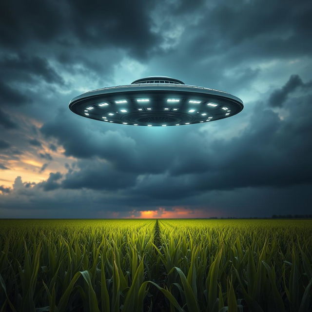 A stunning raw photograph capturing a UFO hovering above a vast cornfield during twilight