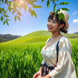 A beautiful Japanese woman with large breasts, dressed in traditional farmer attire, playfully teasing and engaging with her surroundings in a lush rice field
