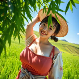 A beautiful Japanese woman with large breasts, dressed in traditional farmer attire, playfully teasing and engaging with her surroundings in a lush rice field