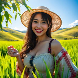 A beautiful Japanese woman with large breasts, dressed in traditional farmer attire, playfully teasing and engaging with her surroundings in a lush rice field