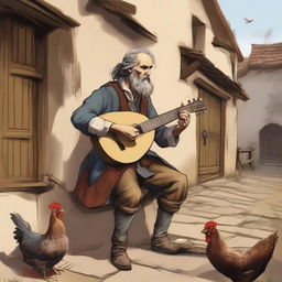 A high-quality, detailed illustration depicts a vagrant bard in a medieval village