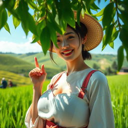 A beautiful Japanese woman with large breasts, dressed in traditional farmer attire, playfully teasing and engaging with her surroundings in a lush rice field