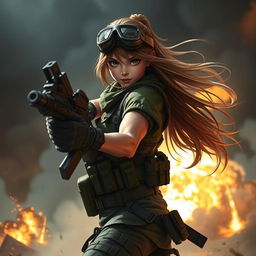 A beautiful girl in combat gear fiercely engaged in battle