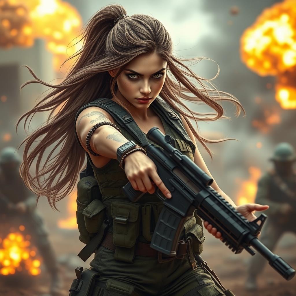 A beautiful girl in combat gear fiercely engaged in battle